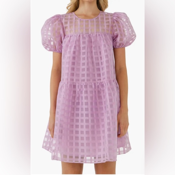 ENGLISH FACTORY Gridded Puff Organza Purple Mini Dress - Picture 1 of 15